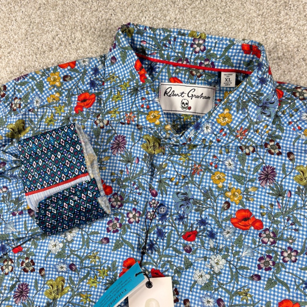 NEW Robert Graham Button Down Mens XL Blue Field of Dreams Floral Gingham